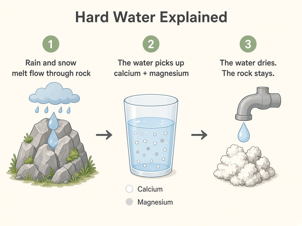 Water flows through rock, picks up calcium and magnesium, and leaves crust when it dries
