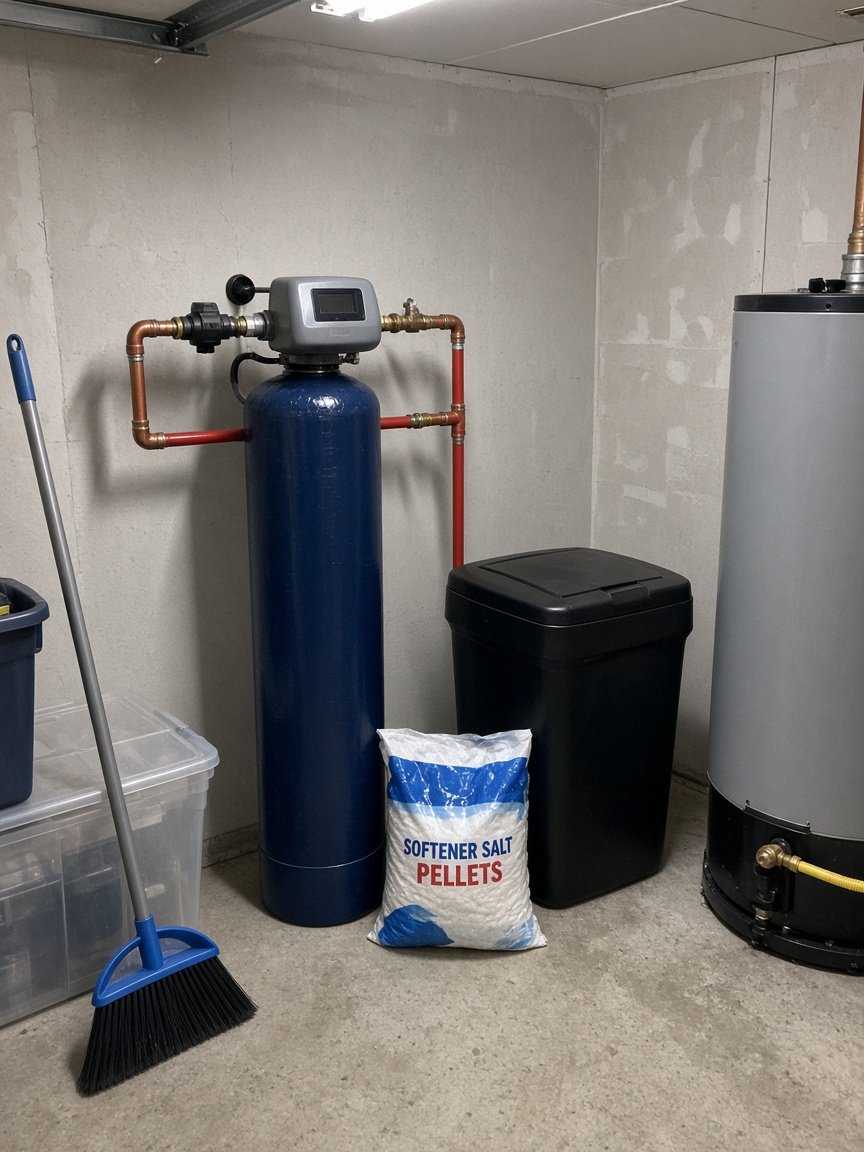 A water softener installed in a garage next to a water heater